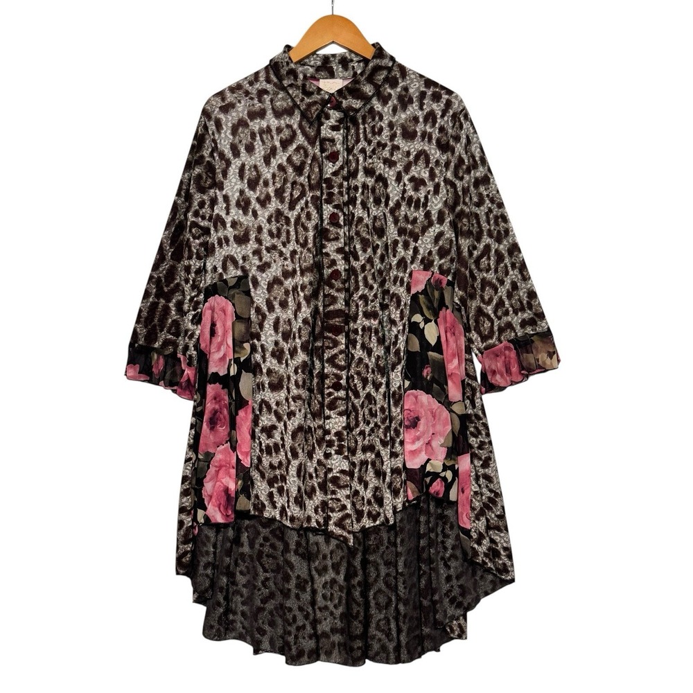 Sadie B's Top‎ Womens Plus 3X Leopard Floral Button Up Tunic Hi Low Sheer